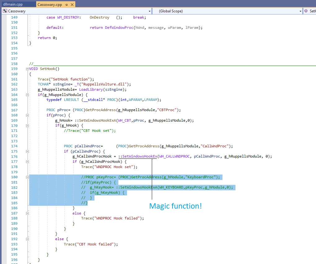 C++ Code snippet showing SetWindowsHookEx for browser injection